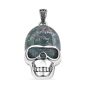 Indian Agate 15.75 ctw Skull Pendant in Silvertone with Stainless Steel Necklace 20 Inches