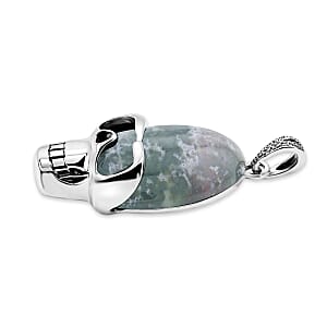 Indian Agate 15.75 ctw Skull Pendant in Silvertone with Stainless Steel Necklace 20 Inches