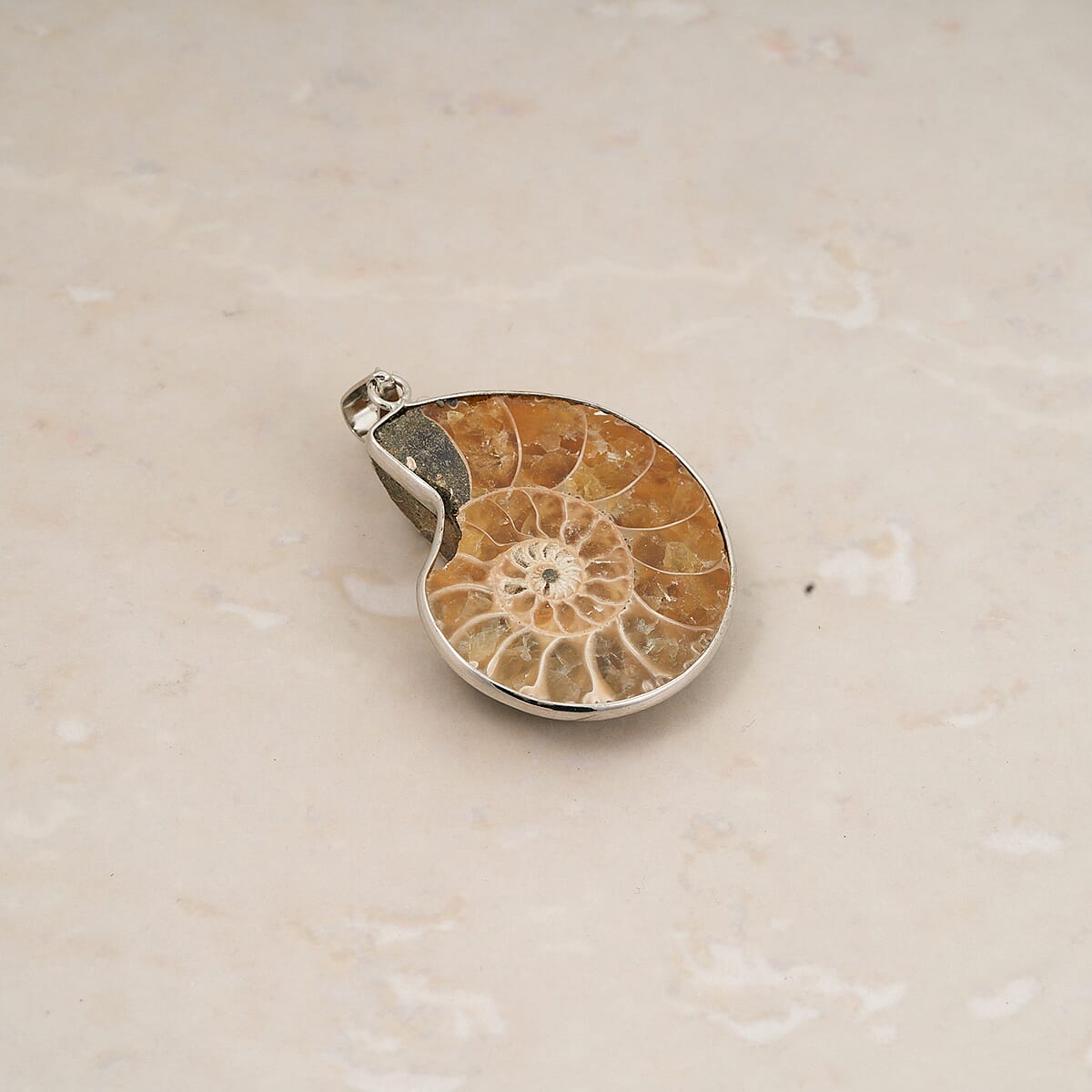 Polished Ammonite 42.00 ctw Pendant in Silvertone with Stainless Steel Necklace 20 Inches image number 1