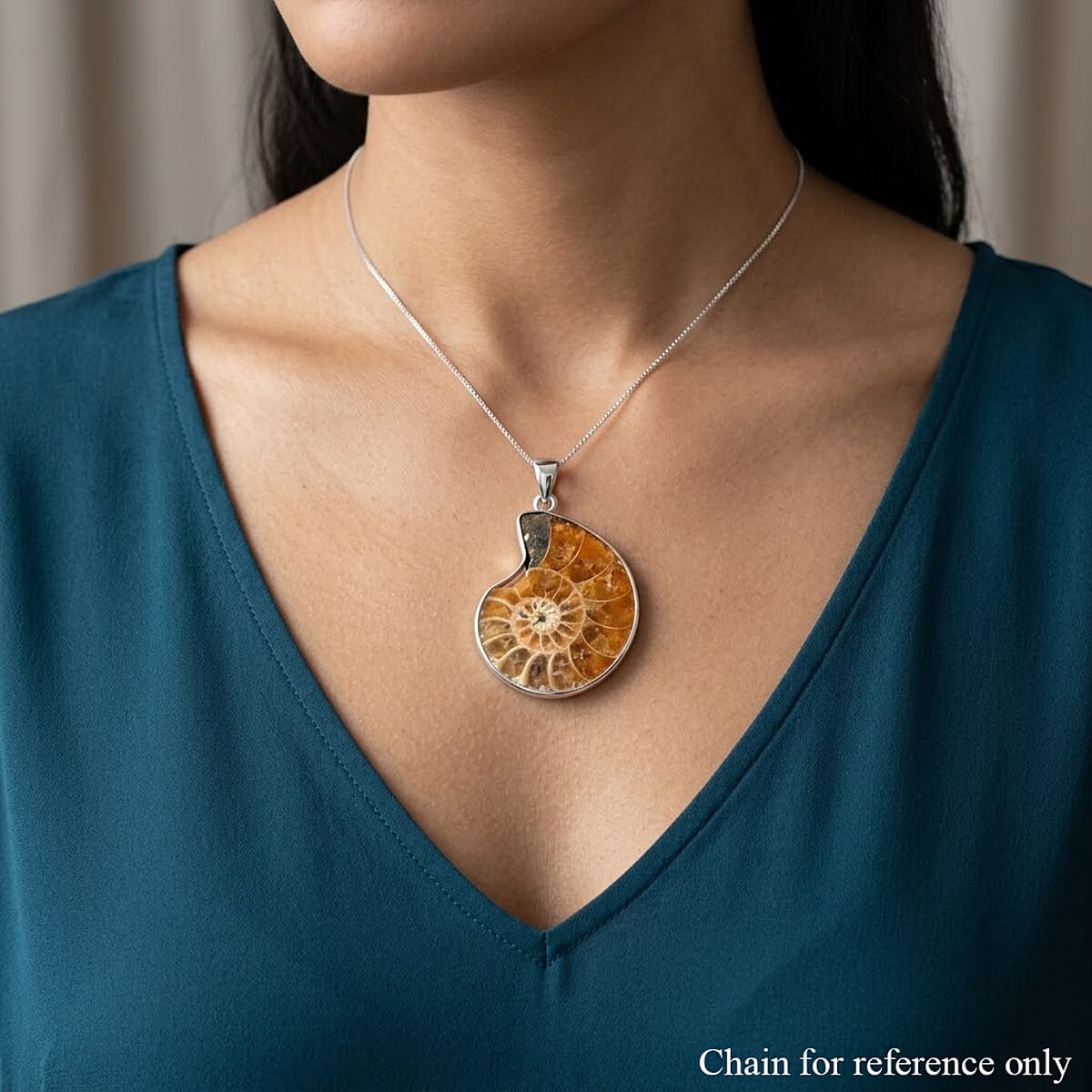 Polished Ammonite 42.00 ctw Pendant in Silvertone with Stainless Steel Necklace 20 Inches image number 2