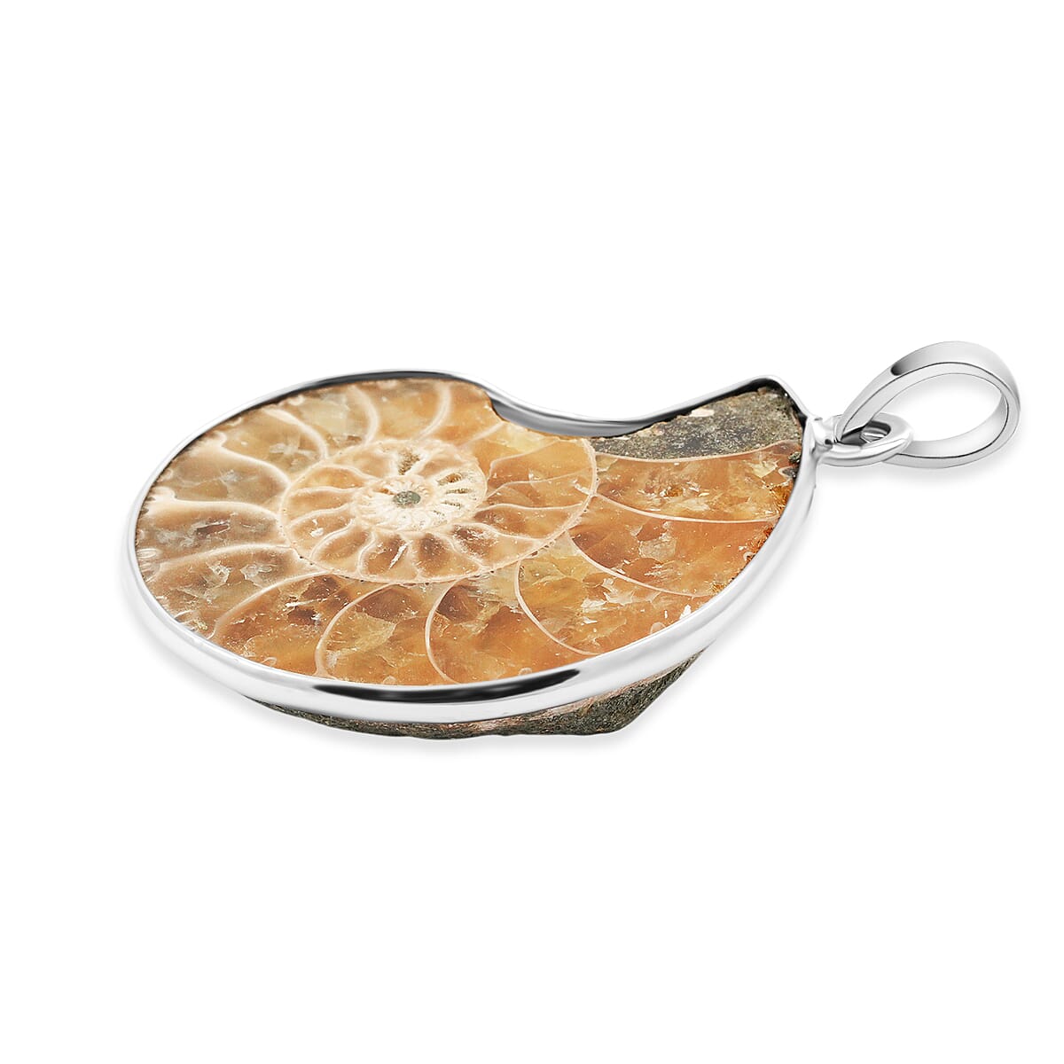 Polished Ammonite 42.00 ctw Pendant in Silvertone with Stainless Steel Necklace 20 Inches image number 3