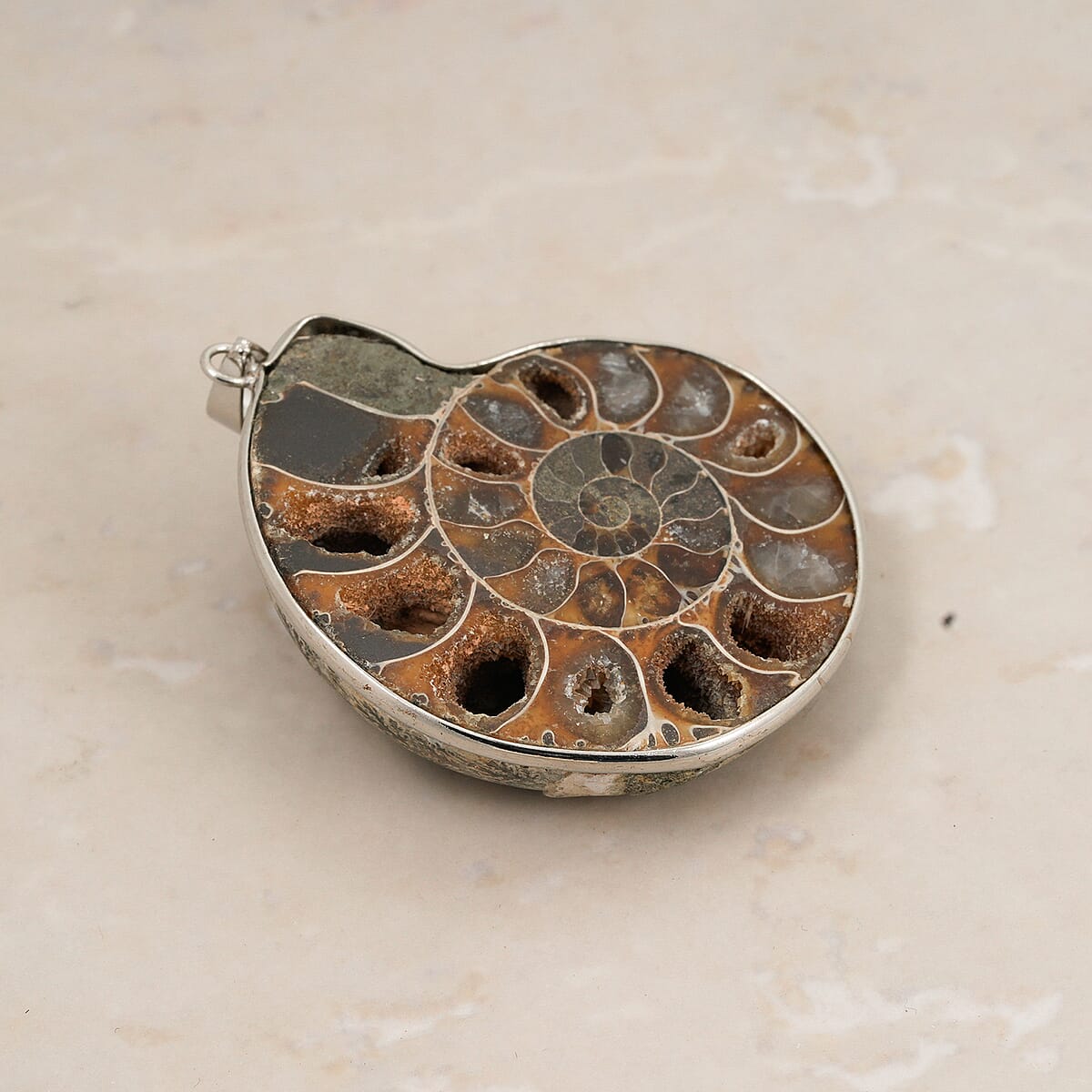 Polished Ammonite 91.00 ctw Pendant in Silvertone with Stainless Steel Necklace 20 Inches image number 1