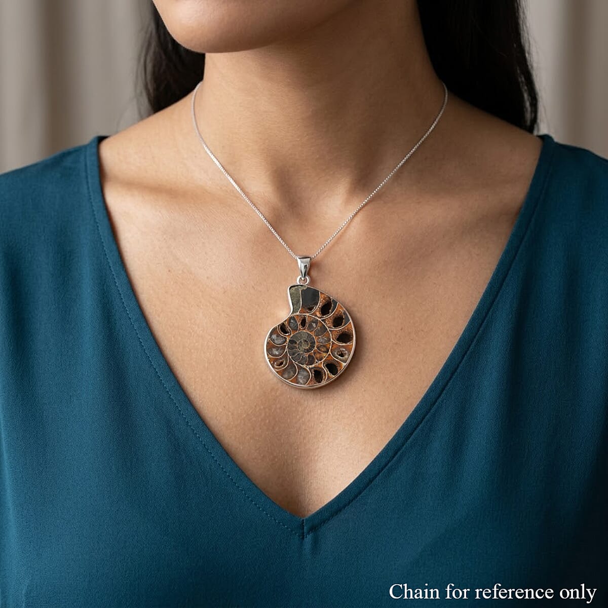 Polished Ammonite 91.00 ctw Pendant in Silvertone with Stainless Steel Necklace 20 Inches image number 2
