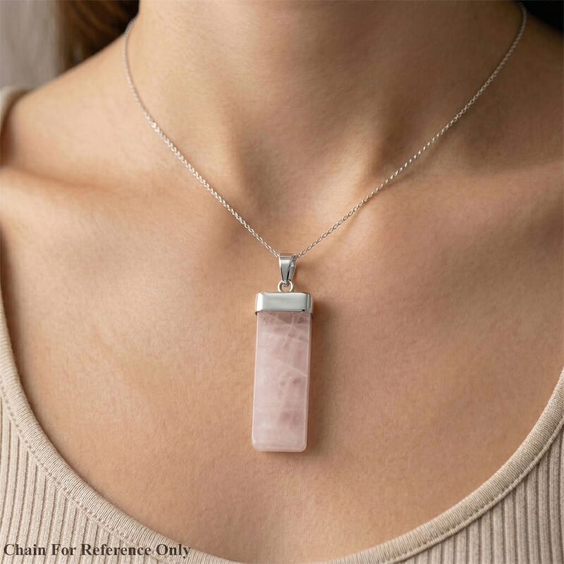 Rose Quartz 36.00 ctw Rectangle Pendant in Silvertone with Stainless Steel Necklace 20 Inches