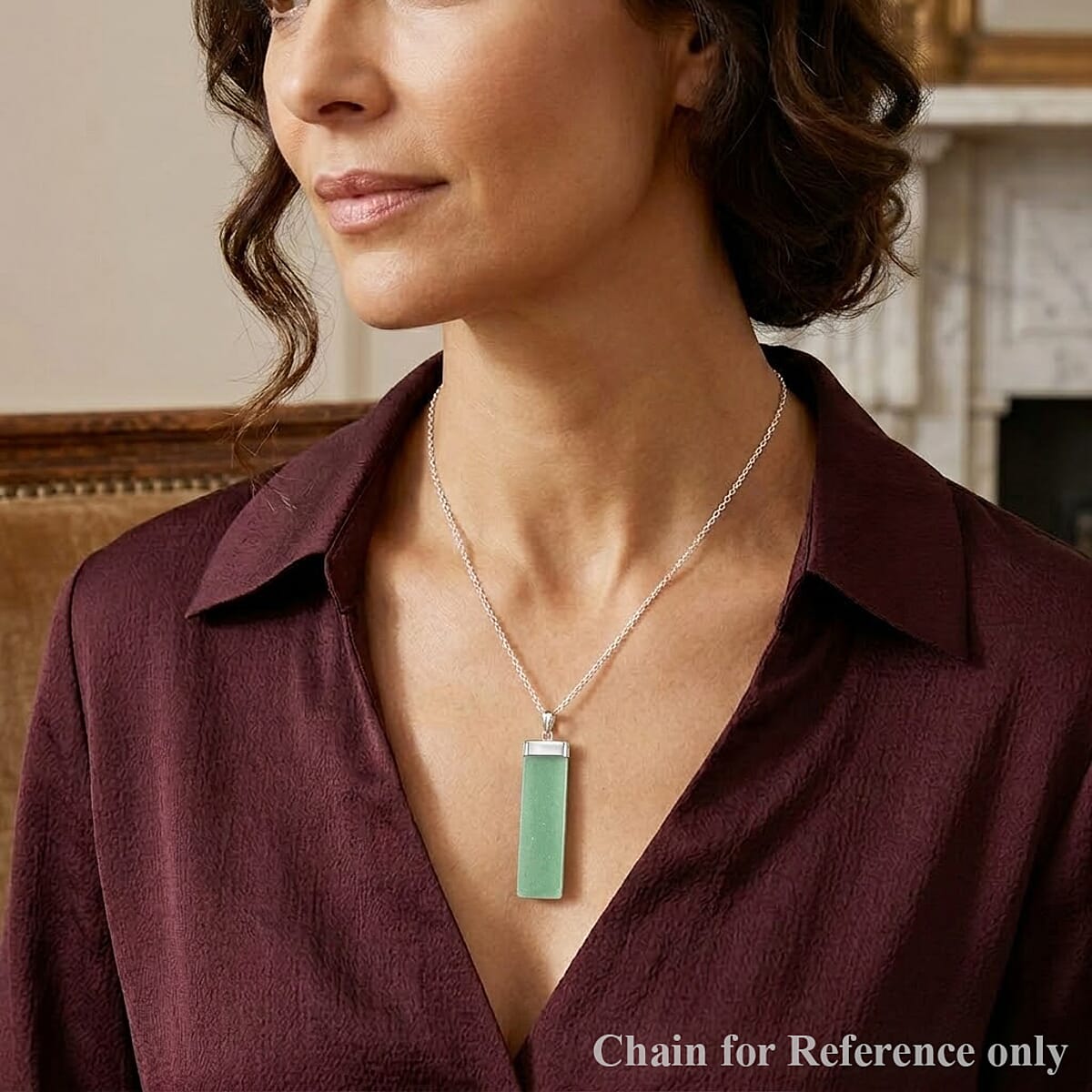 Green Aventurine 36.00 ctw Rectangle Pendant in Silvertone with Stainless Steel Necklace 20 Inches image number 2