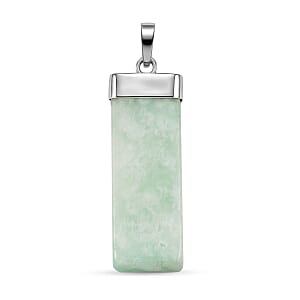 Green Jade 36.00 ctw Rectangle Pendant in Silvertone with Stainless Steel Necklace 20 Inches