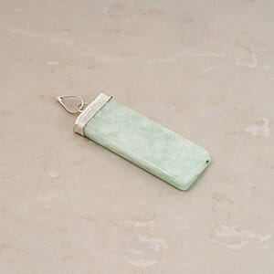 Green Jade 36.00 ctw Rectangle Pendant in Silvertone with Stainless Steel Necklace 20 Inches