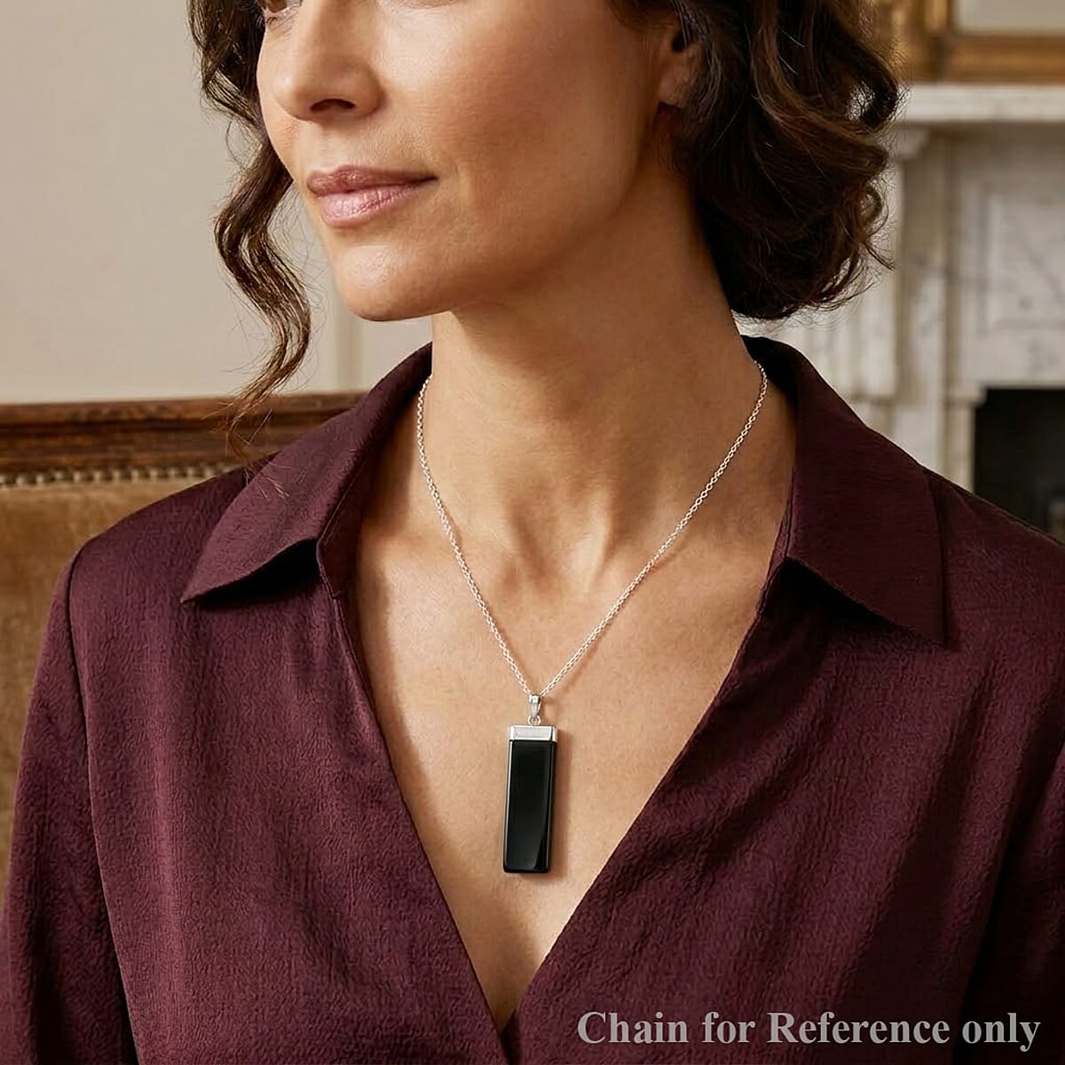 Black Onyx 36.00 ctw Rectangle Pendant in Silvertone with Stainless Steel Necklace 20 Inches image number 2