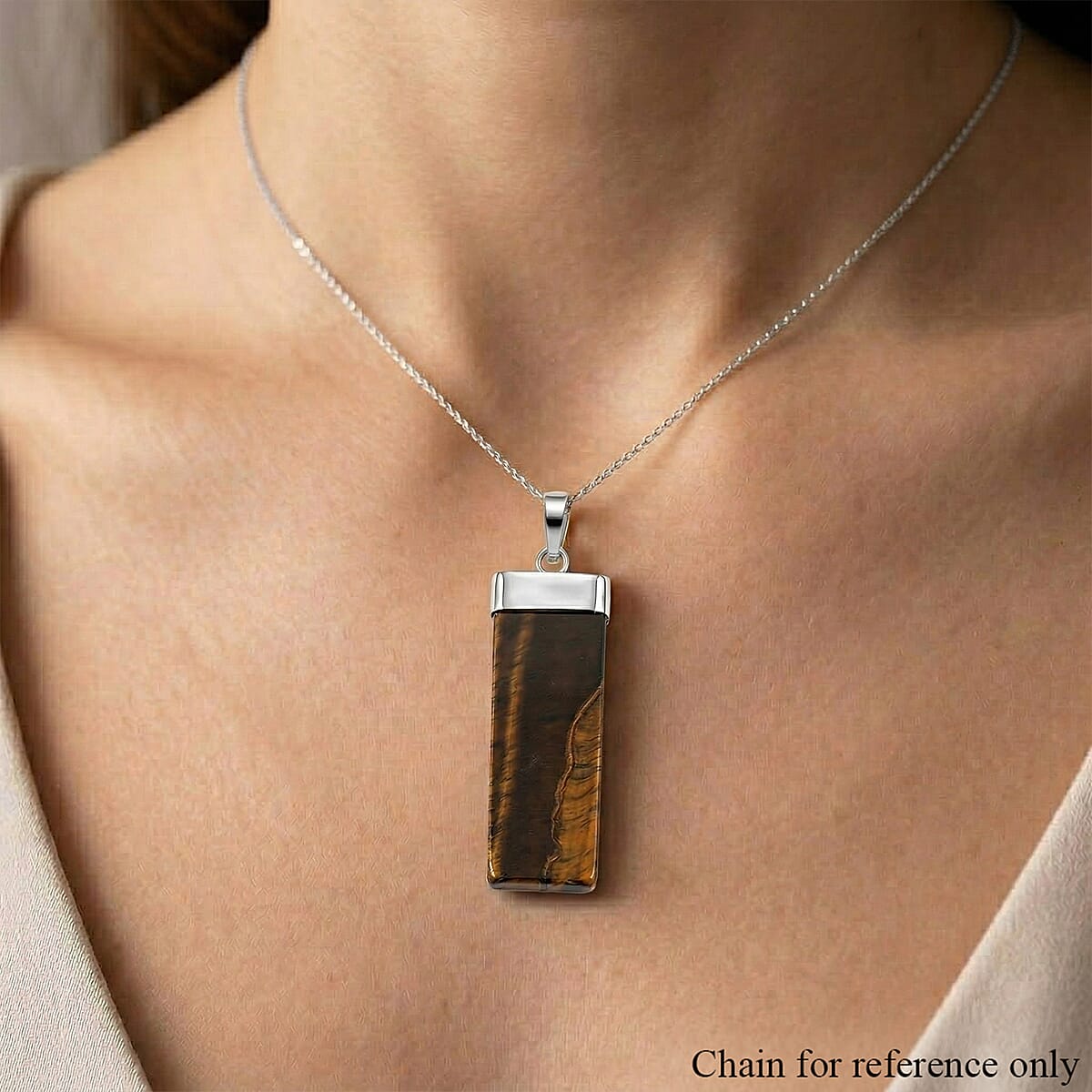 Tiger's Eye 36.00 ctw Rectangle Pendant in Silvertone with Stainless Steel Necklace 20 Inches image number 2