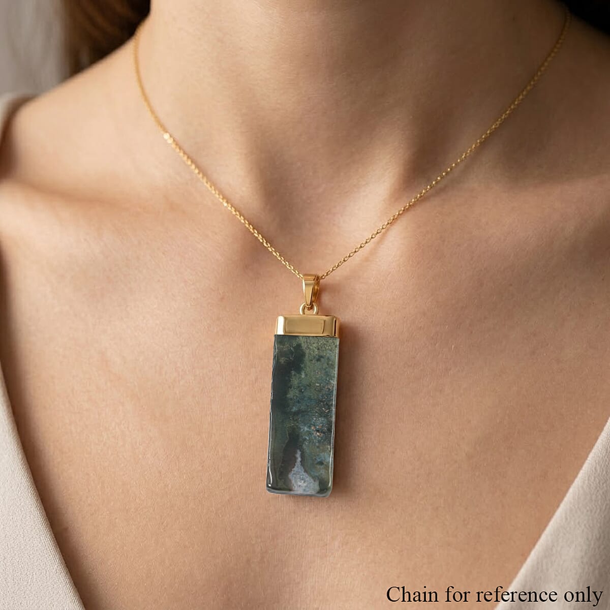 Moss Agate 36.00 ctw Rectangle Pendant in Goldtone with Stainless Steel Necklace 20 Inches image number 2