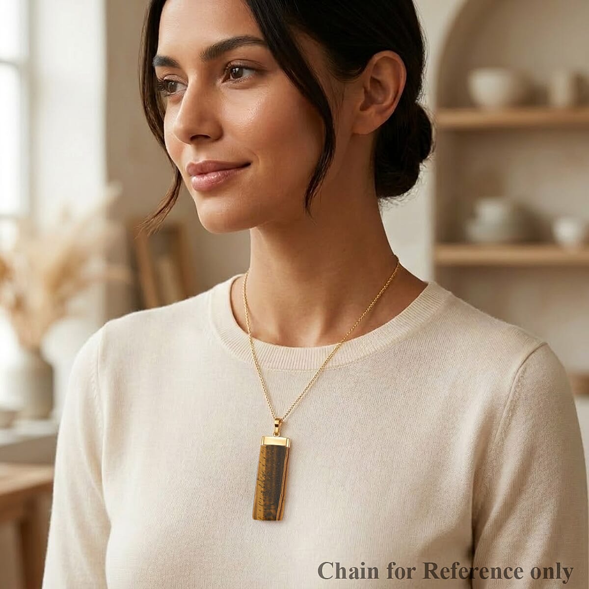 Tiger's Eye 36.00 ctw Rectangle Pendant in Goldtone with Stainless Steel Necklace 20 Inches image number 2