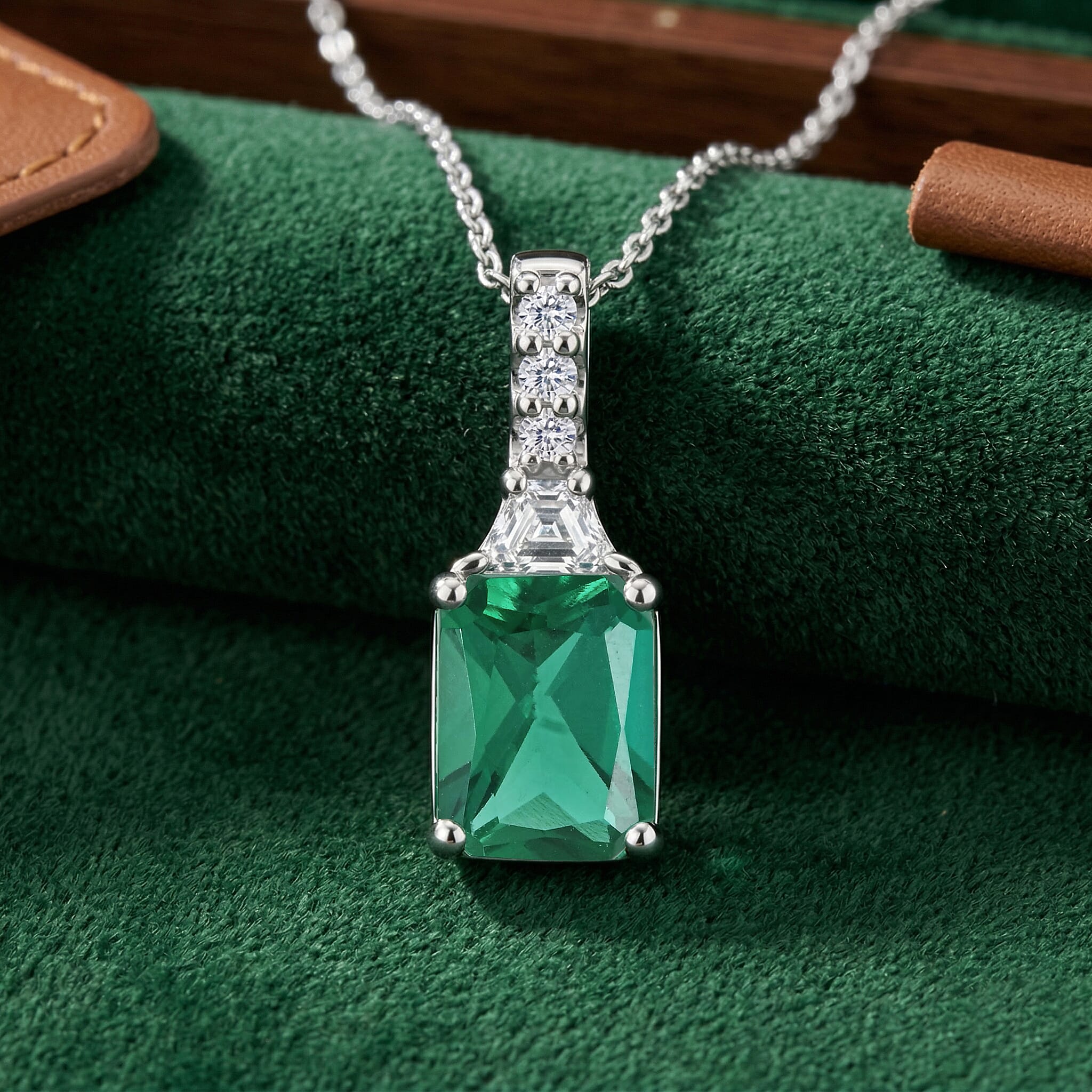 D'Joy Lab Grown Emerald and Moissanite 2.80 ctw Pendant Necklace in Rhodium Over Sterling Silver 20 Inches