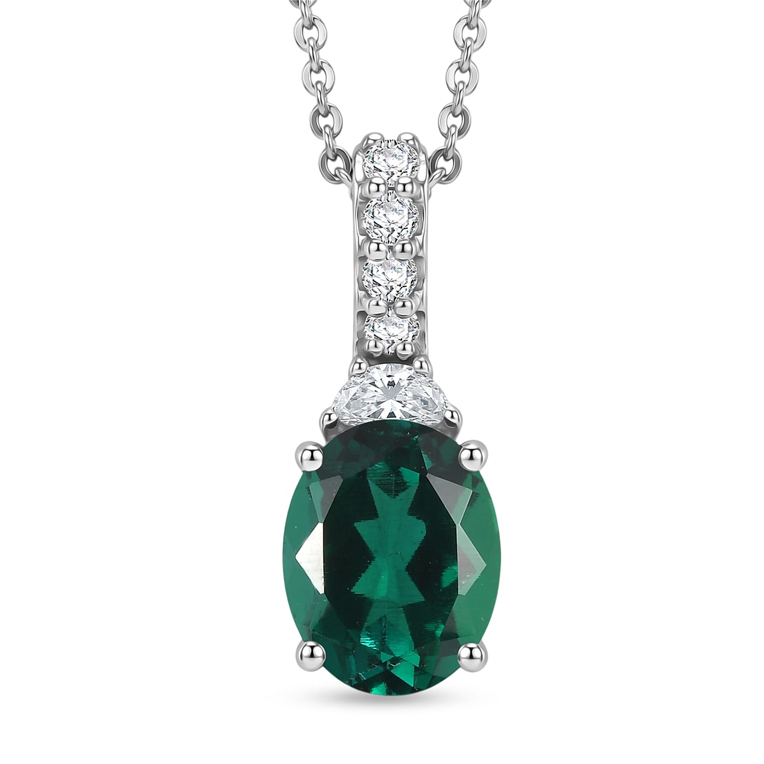 D'Joy Lab Grown Emerald and Moissanite 2.60 ctw Pendant Necklace in Rhodium Over Sterling Silver 20 Inches