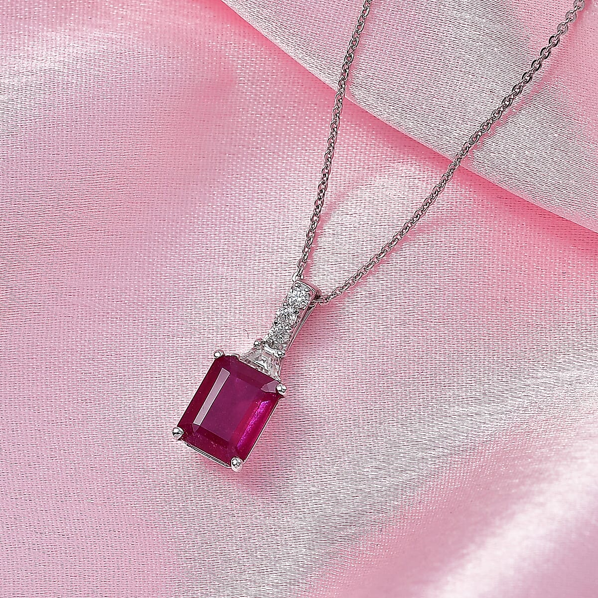 D'Joy Niassa Ruby (FF) and Moissanite 4.00 ctw Pendant Necklace in Rhodium Over Sterling Silver 20 Inches image number 1