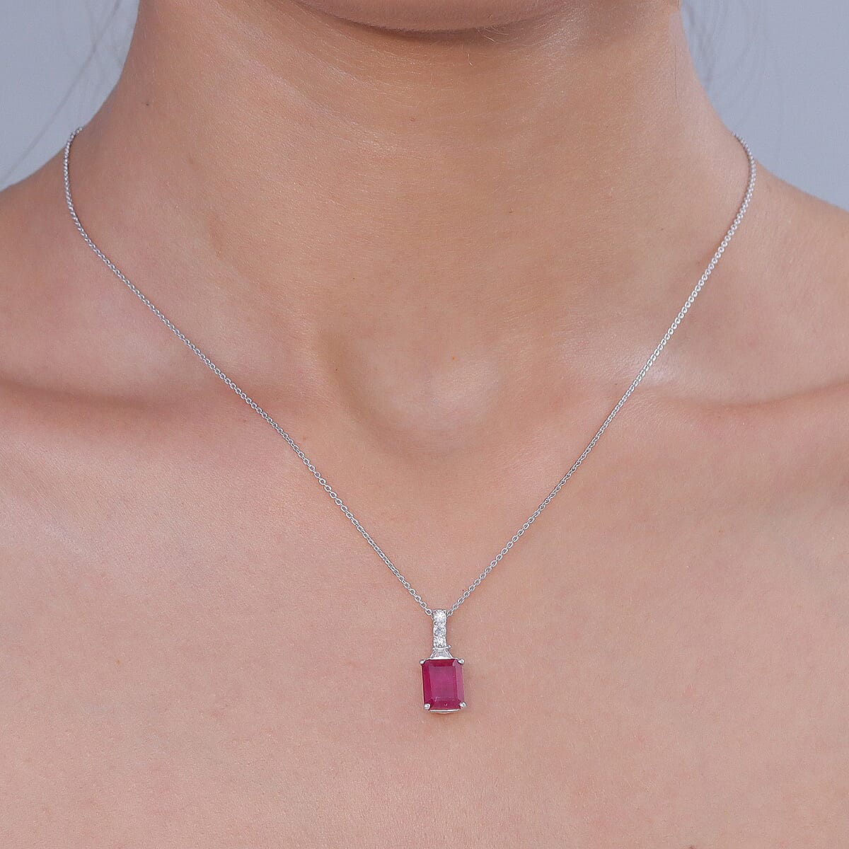D'Joy Niassa Ruby (FF) and Moissanite 4.00 ctw Pendant Necklace in Rhodium Over Sterling Silver 20 Inches image number 2