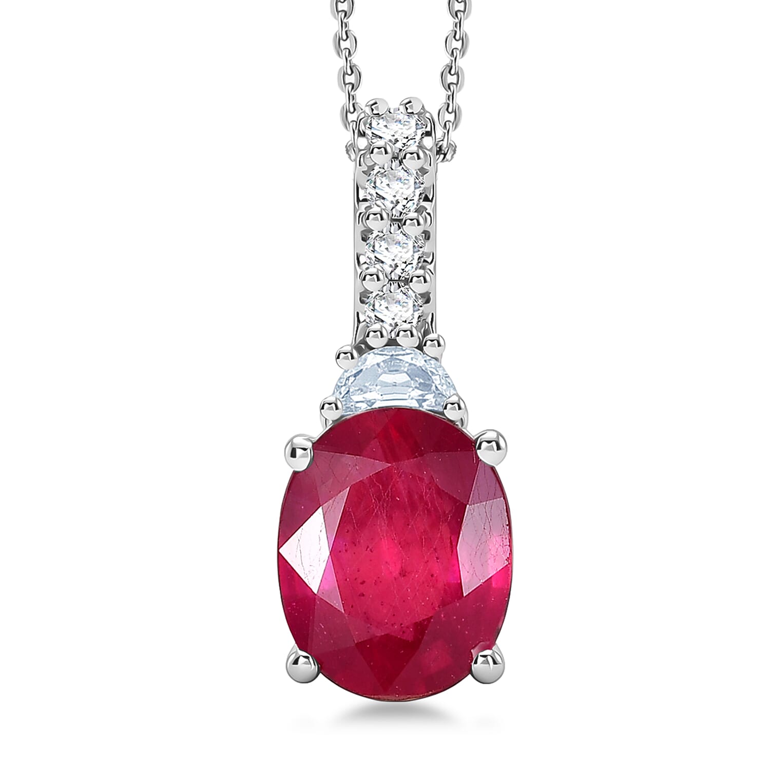 D'Joy Niassa Ruby (FF) and Moissanite 3.10 ctw Pendant Necklace in Rhodium Over Sterling Silver 20 Inches