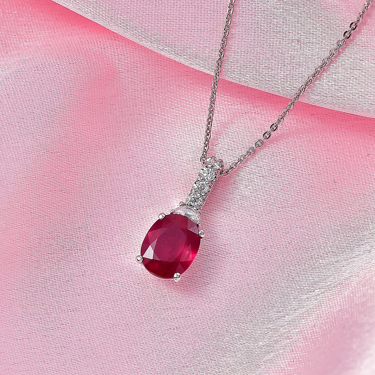 D'Joy Niassa Ruby (FF) and Moissanite 3.10 ctw Pendant Necklace in Rhodium Over Sterling Silver 20 Inches image number 1