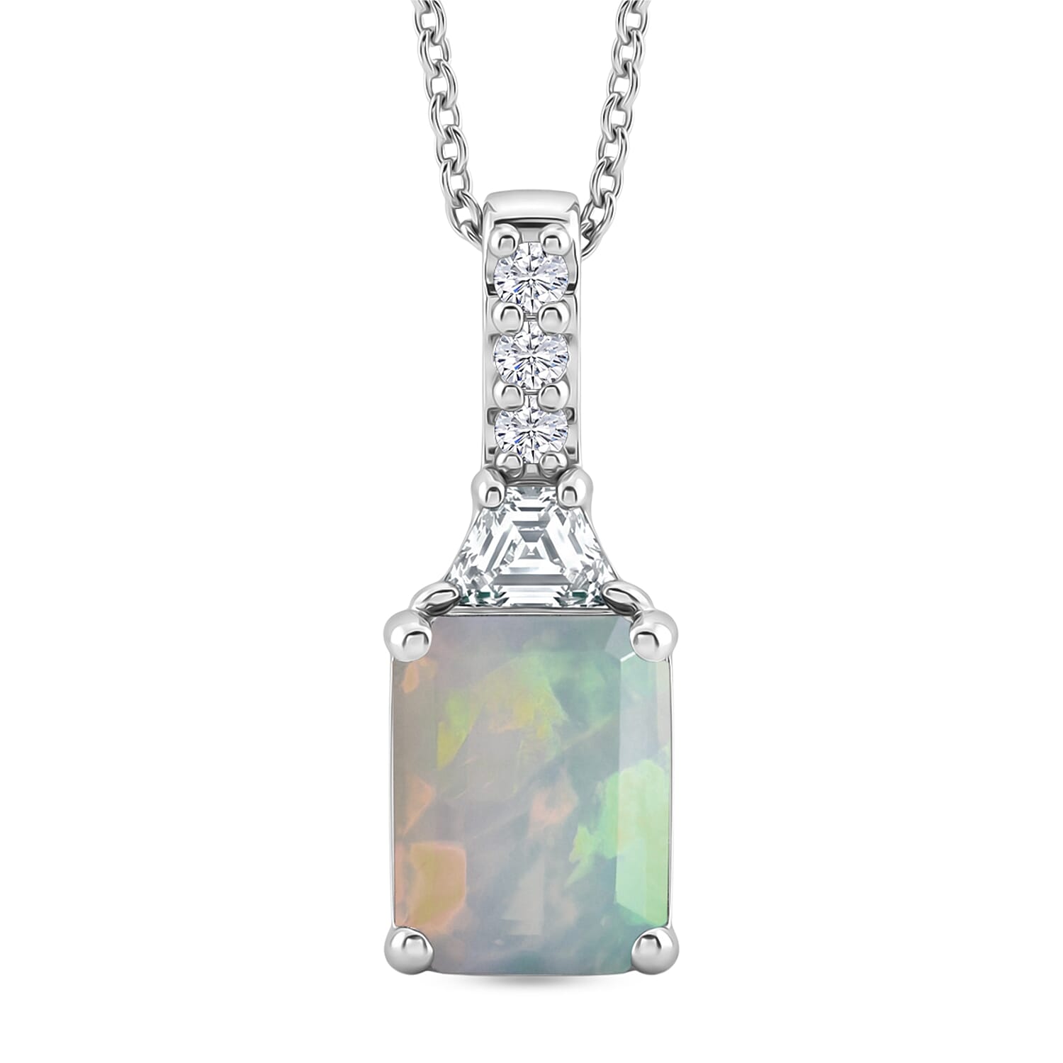 D'Joy Ethiopian Welo Opal and Moissanite 1.85 ctw Pendant Necklace in Rhodium Over Sterling Silver 20 Inches