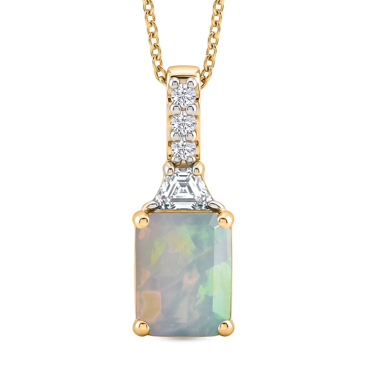D'Joy Ethiopian Welo Opal and Moissanite 1.85 ctw Pendant Necklace in 18K Vermeil Yellow Gold Over Sterling Silver 20 Inches