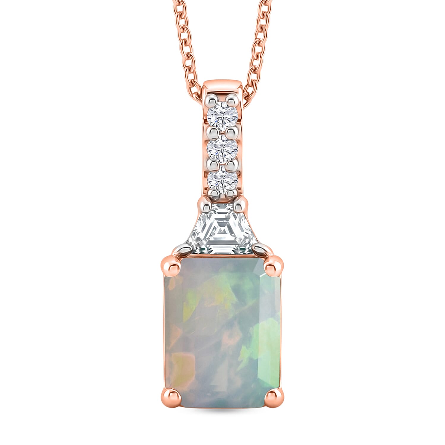 D'Joy Ethiopian Welo Opal and Moissanite 1.85 ctw Pendant Necklace in 18K Vermeil Rose Gold Over Sterling Silver 20 Inches