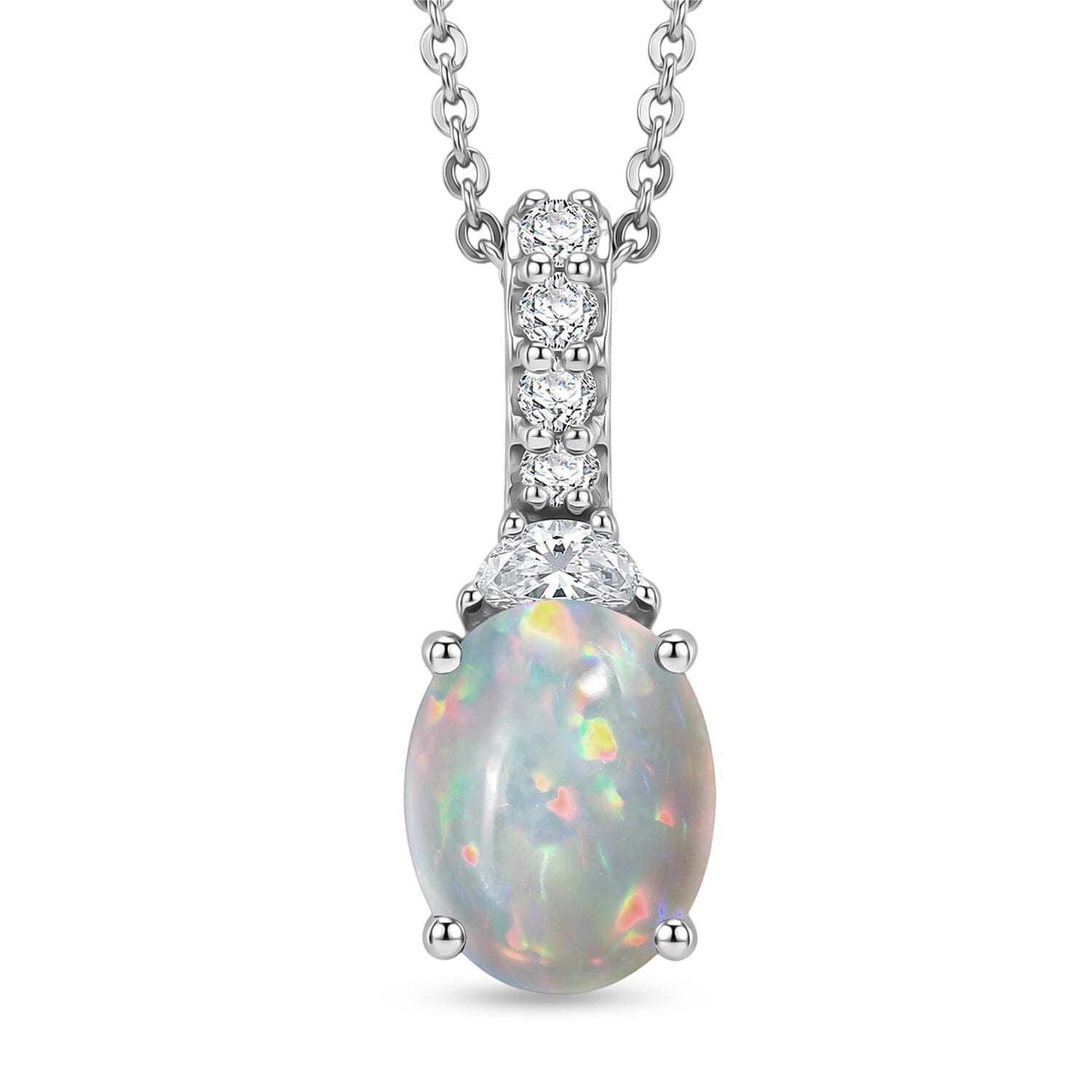 D'Joy Ethiopian Welo Opal and Moissanite 1.60 ctw Pendant Necklace in Rhodium Over Sterling Silver 20 Inches