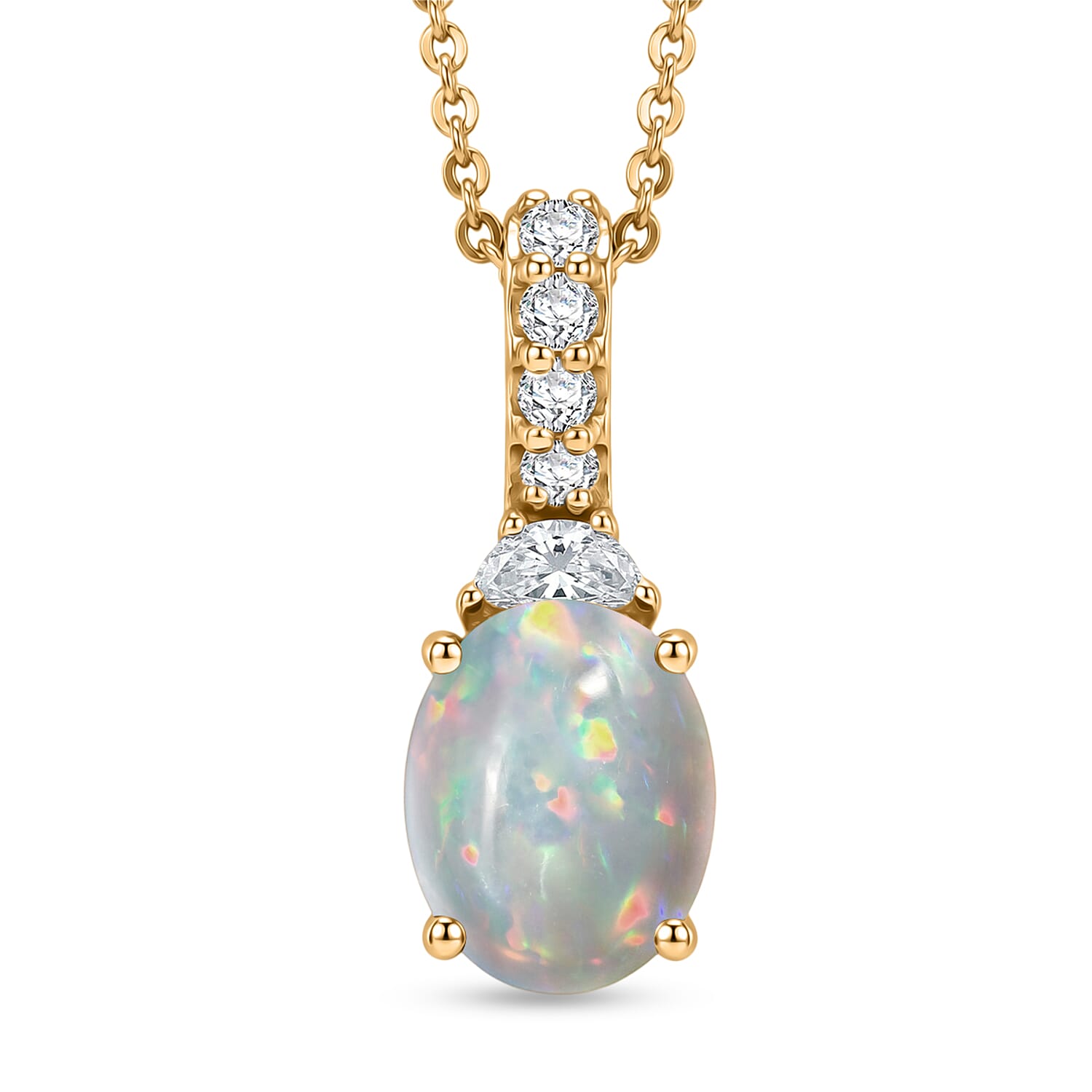 D'Joy Ethiopian Welo Opal and Moissanite 1.60 ctw Pendant Necklace in 18K Vermeil Yellow Gold Over Sterling Silver