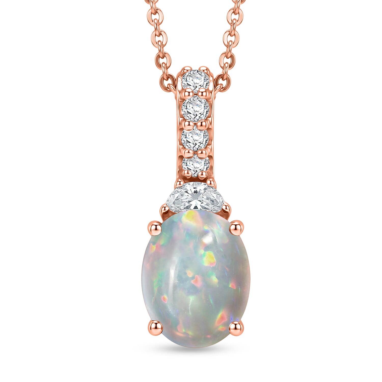 D'Joy Ethiopian Welo Opal and Moissanite 1.60 ctw Pendant Necklace in 18K Vermeil Rose Gold Over Sterling Silver