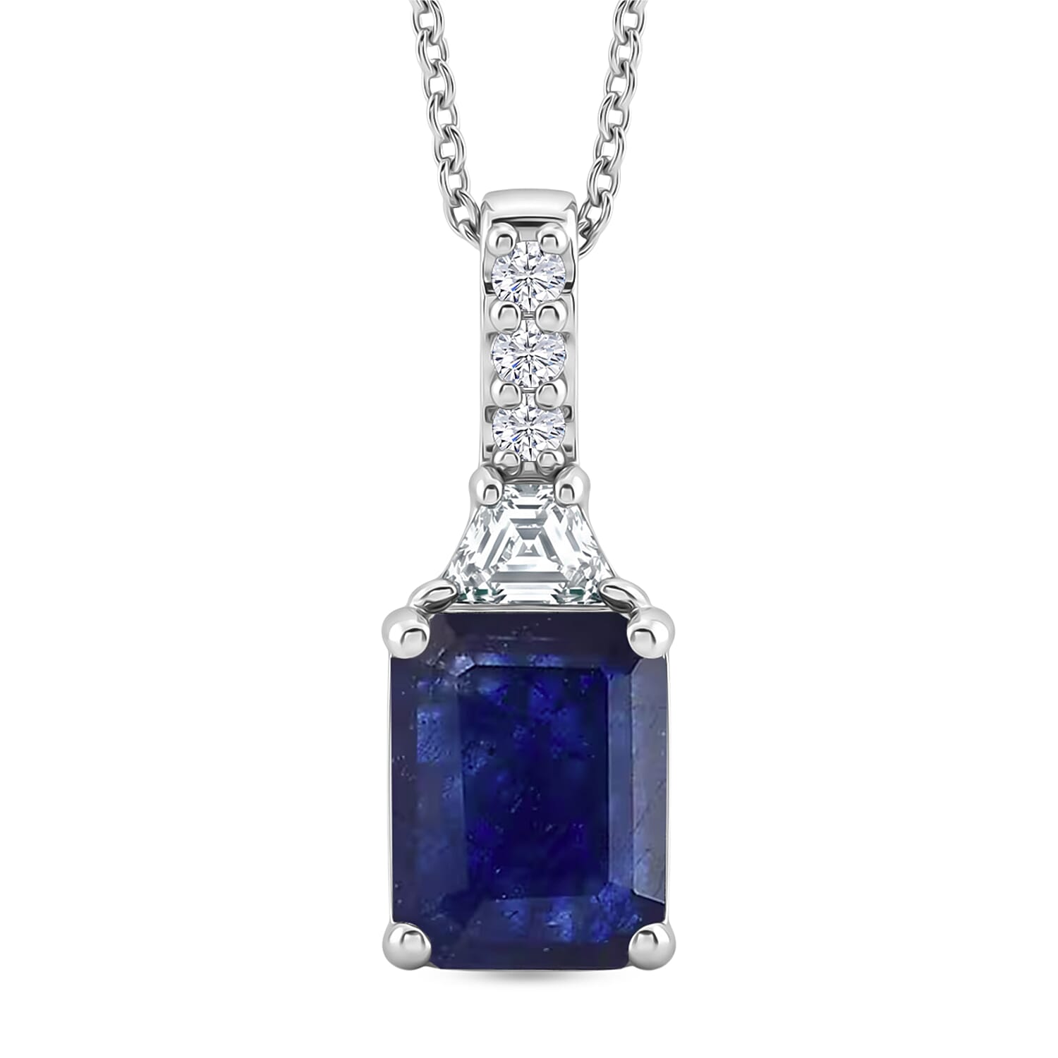 D'Joy Premium Masoala Sapphire (D) and Moissanite 4.00 ctw Pendant Necklace in Rhodium Over Sterling Silver 20 Inchers