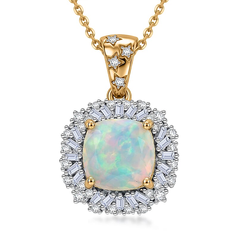 GP Celestial Dream Collection Premium Ethiopian Welo Opal and Diamond 2.30 ctw Pendant Necklace in 18K Vermeil Yellow Gold Over Sterling Silver 20 Inches