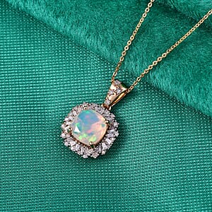 GP Premium Ethiopian Welo Opal and Diamond 2.30 ctw Pendant Necklace in 18K Vermeil Yellow Gold Over Sterling Silver 20 Inches