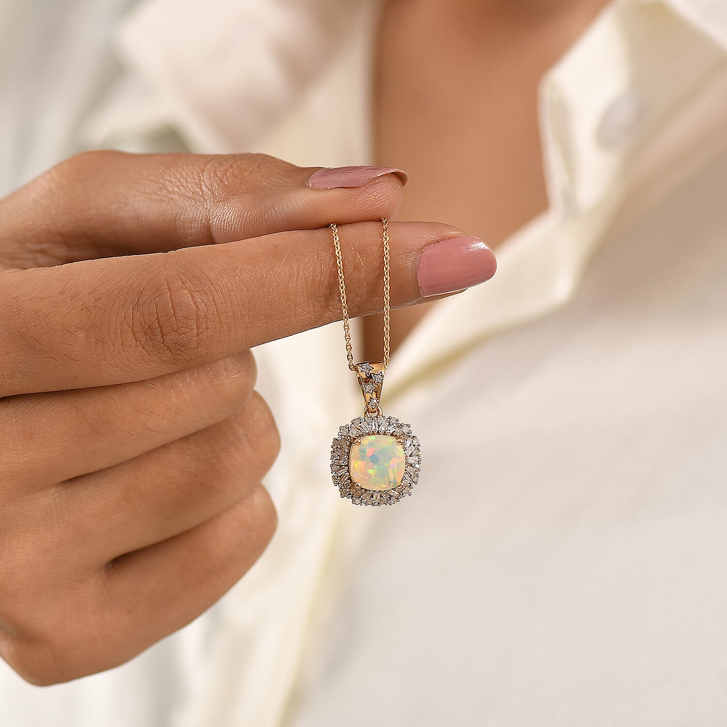 GP Celestial Dream Collection Premium Ethiopian Welo Opal and Diamond 2.30 ctw Pendant Necklace in 18K Vermeil Yellow Gold Over Sterling Silver 20 Inches