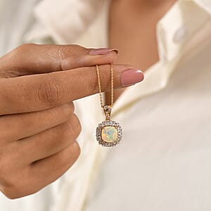 GP Premium Ethiopian Welo Opal and Diamond 2.30 ctw Pendant Necklace in 18K Vermeil Yellow Gold Over Sterling Silver 20 Inches