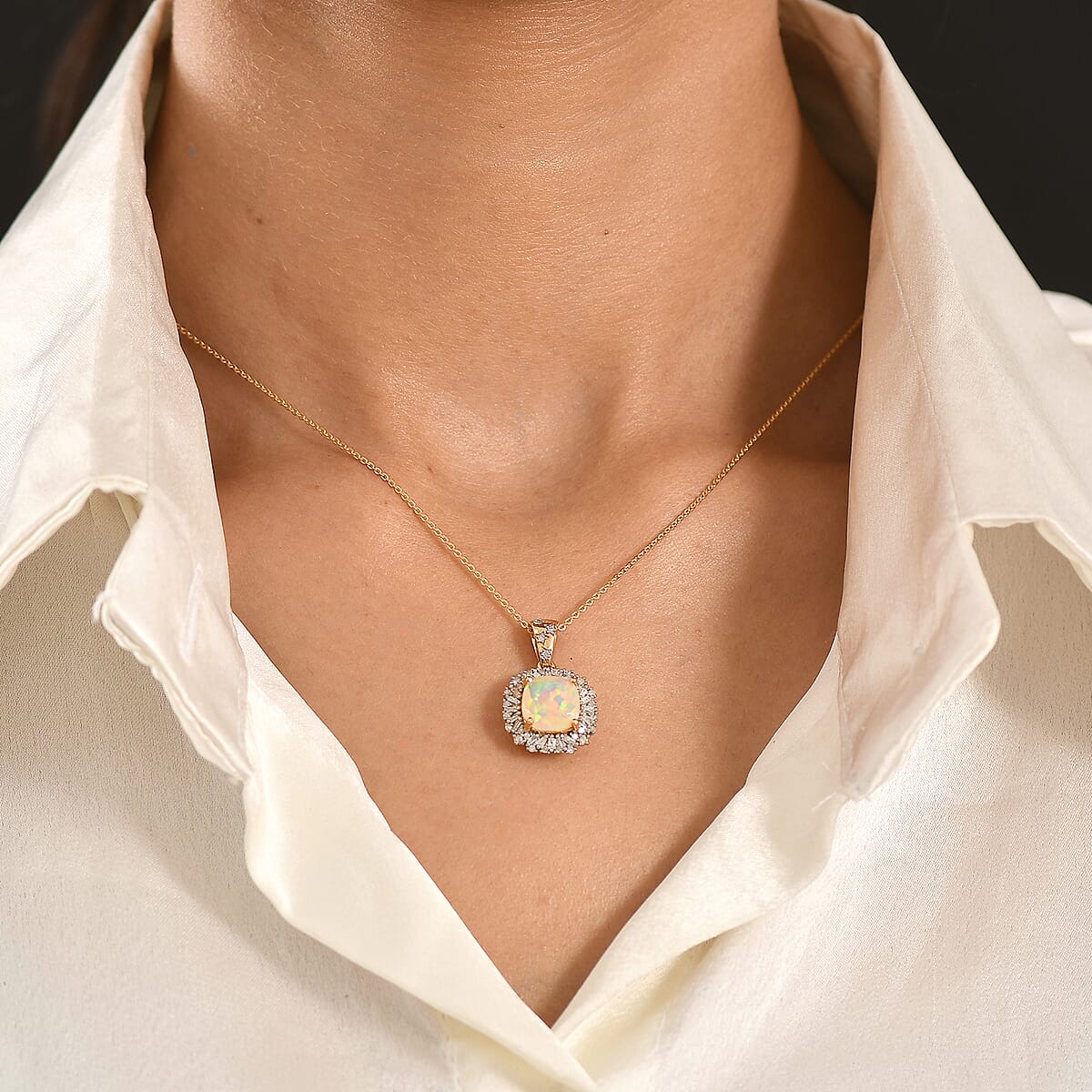 GP Premium Ethiopian Welo Opal and Diamond 2.30 ctw Pendant Necklace in 18K Vermeil Yellow Gold Over Sterling Silver 20 Inches image number 3