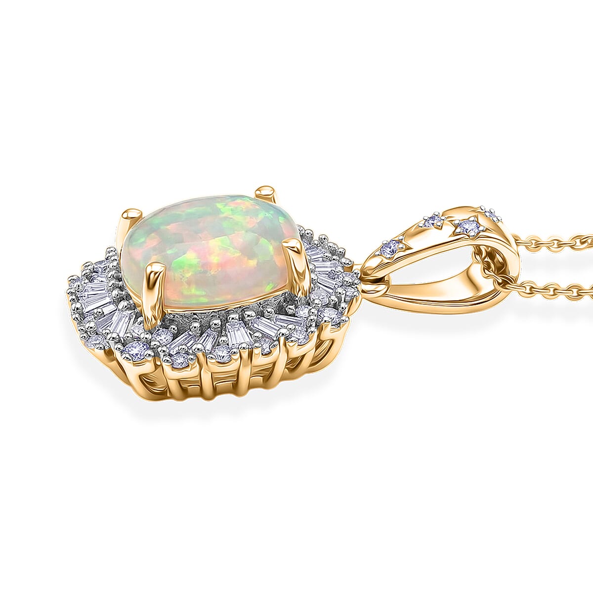 GP Premium Ethiopian Welo Opal and Diamond 2.30 ctw Pendant Necklace in 18K Vermeil Yellow Gold Over Sterling Silver 20 Inches image number 4