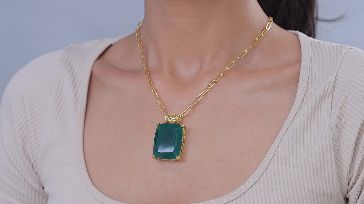 EverTrue Verde Onyx Pendant in 18K YG Plated with ION Plated YG Stainless Steel Necklace (20 Inches) 49.65 ctw