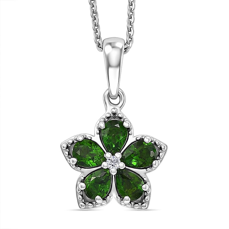 Premium Chrome Diopside and Luxuriant Lab Grown Diamond E-F SI 0.80 ctw Five Petal Bloom Pendant Necklace in Rhodium Over Sterling Silver 20 inches