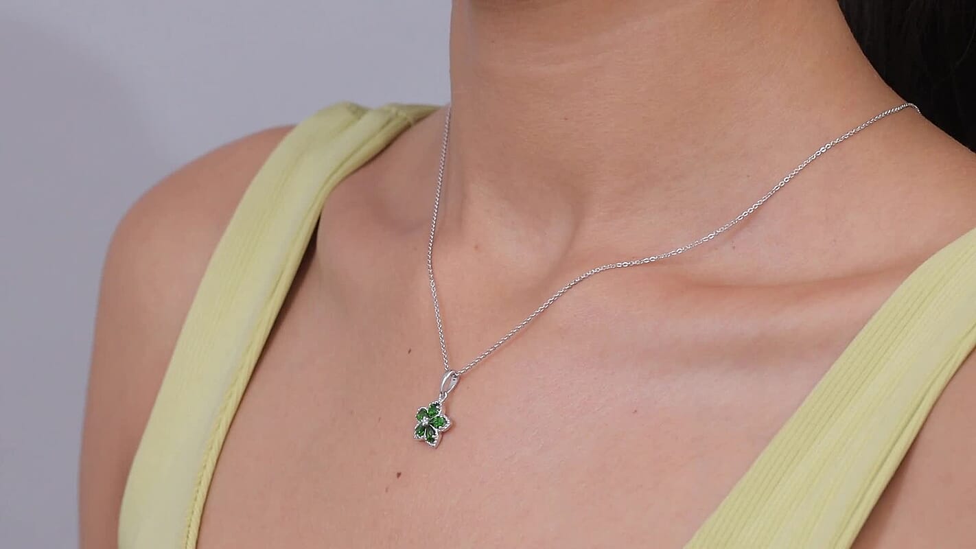 Premium Chrome Diopside and Luxuriant Lab Grown Diamond E-F SI 0.80 ctw Five Petal Bloom Pendant Necklace in Rhodium Over Sterling Silver 20 inches (Ships in 3-5 Days)