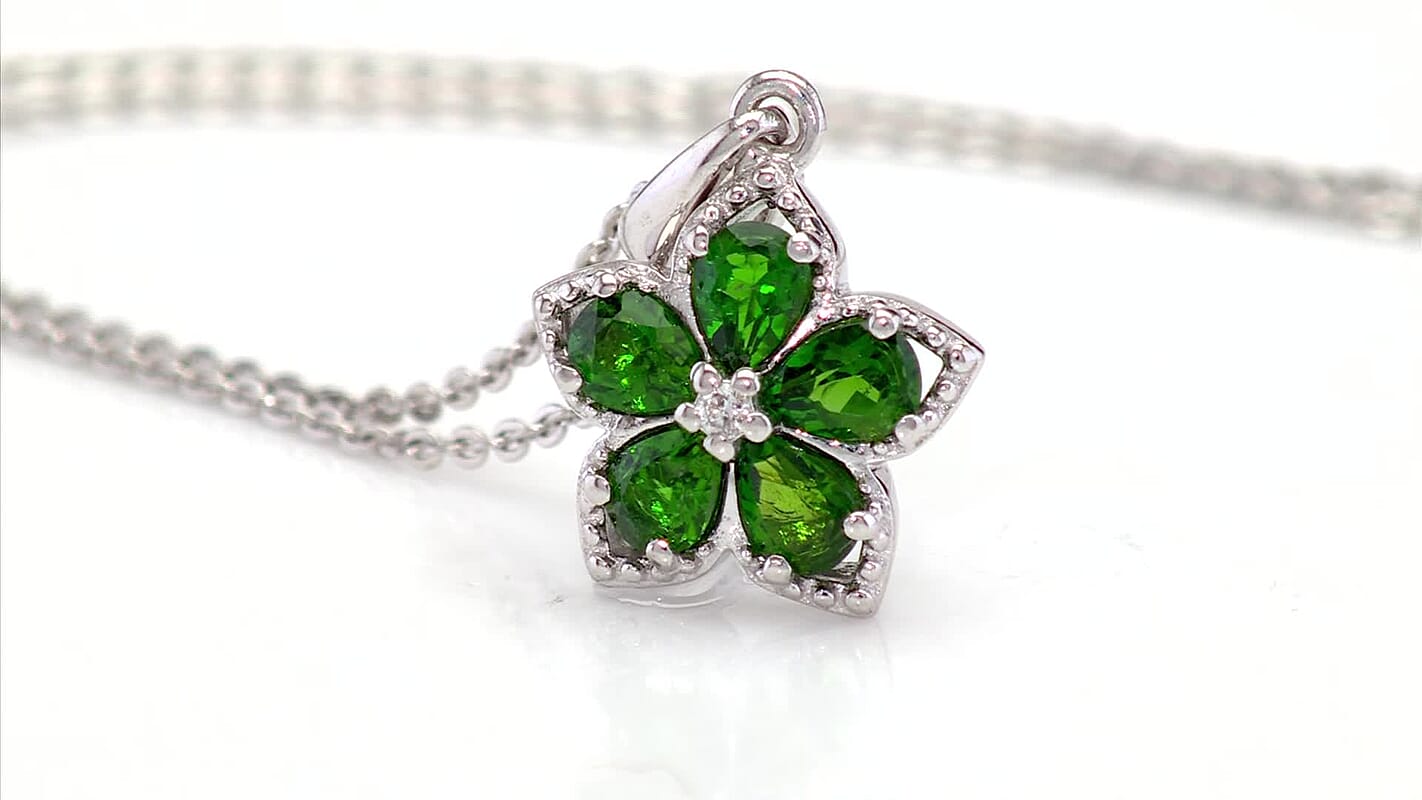 Premium Chrome Diopside and Luxuriant Lab Grown Diamond E-F SI 0.80 ctw Five Petal Bloom Pendant Necklace in Rhodium Over Sterling Silver 20 inches (Ships in 3-5 Days)