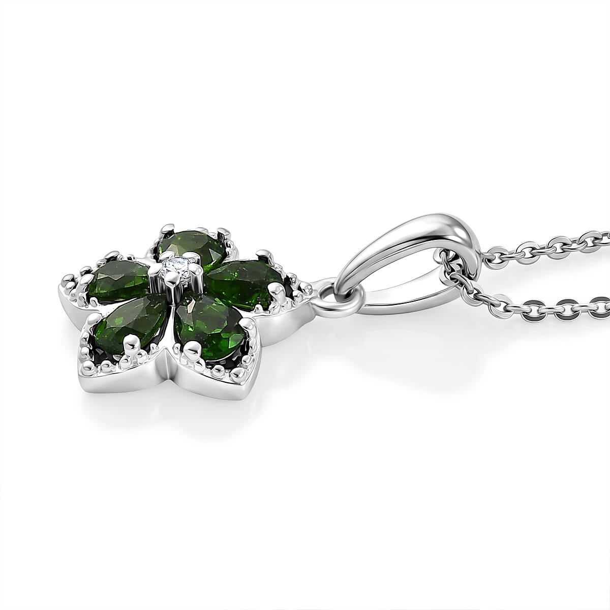 Premium Chrome Diopside and Luxuriant Lab Grown Diamond E-F SI 0.80 ctw Five Petal Bloom Pendant Necklace in Rhodium Over Sterling Silver 20 inches