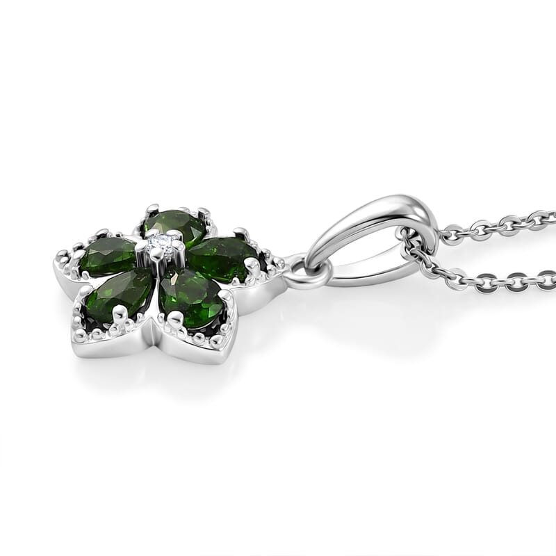 Premium Chrome Diopside and Luxuriant Lab Grown Diamond E-F SI 0.80 ctw Five Petal Bloom Pendant Necklace in Rhodium Over Sterling Silver 20 inches