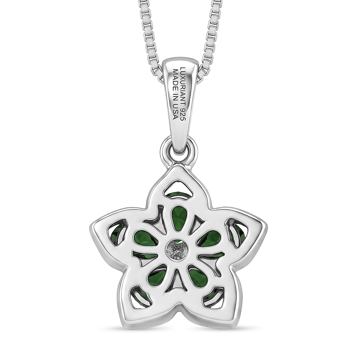Premium Chrome Diopside and Luxuriant Lab Grown Diamond E-F SI 0.80 ctw Five Petal Bloom Pendant Necklace in Rhodium Over Sterling Silver 20 inches
