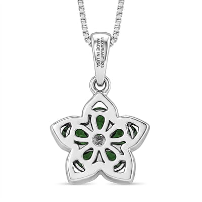 Premium Chrome Diopside and Luxuriant Lab Grown Diamond E-F SI 0.80 ctw Five Petal Bloom Pendant Necklace in Rhodium Over Sterling Silver 20 inches