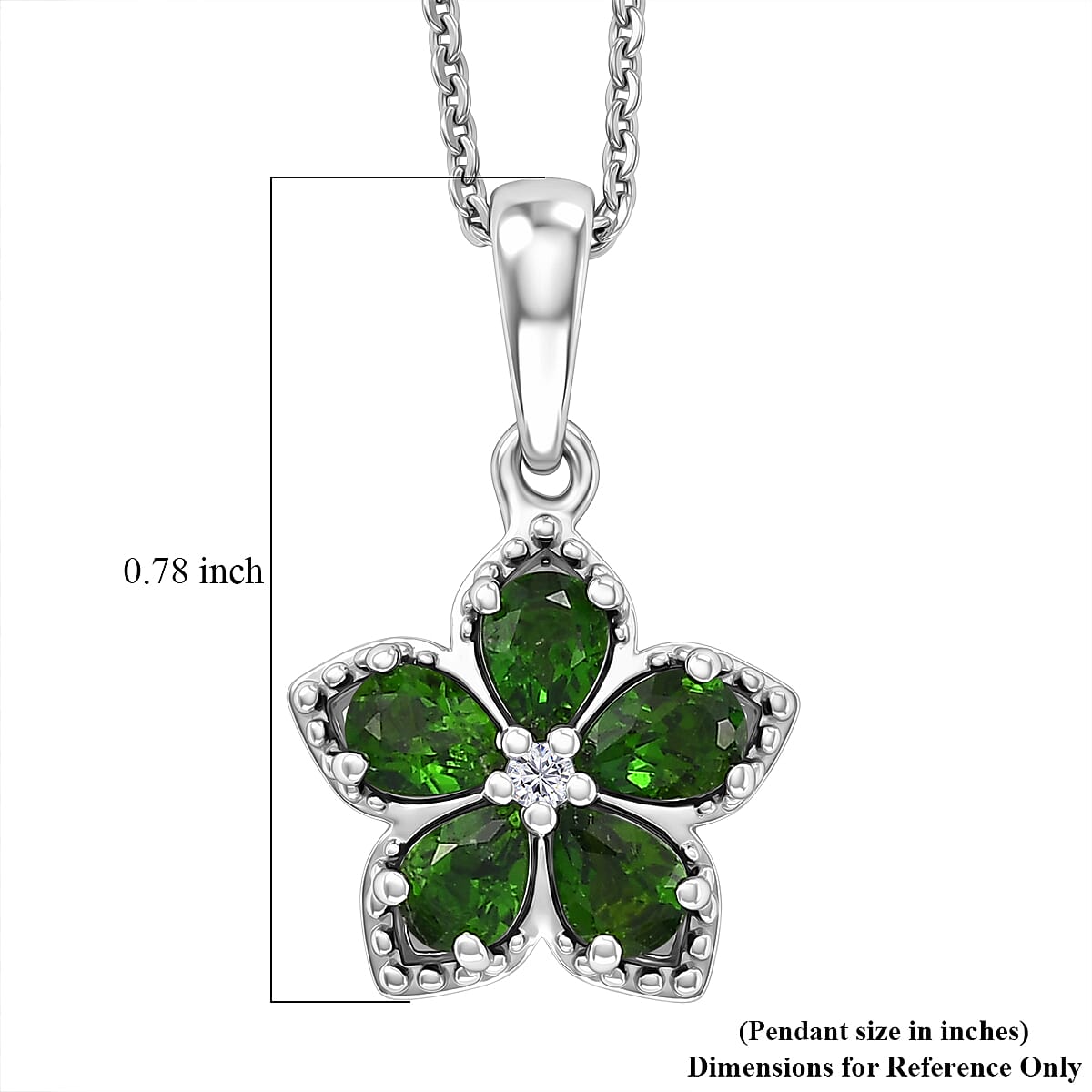 Premium Chrome Diopside and Luxuriant Lab Grown Diamond E-F SI 0.80 ctw Five Petal Bloom Pendant Necklace in Rhodium Over Sterling Silver 20 inches image number 5