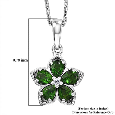 Premium Chrome Diopside and Luxuriant Lab Grown Diamond E-F SI 0.80 ctw Five Petal Bloom Pendant Necklace in Rhodium Over Sterling Silver 20 inches