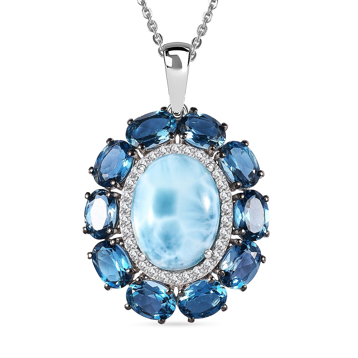 D'Joy AAA Larimar and Multi Gemstone 20.85 ctw Ocean Light Halo Pendant Necklace in Rhodium Over Sterling Silver 20 Inches