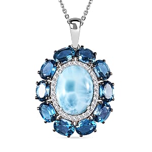 D'Joy AAA Larimar and Multi Gemstone 20.85 ctw Ocean Light Halo Pendant Necklace in Rhodium Over Sterling Silver 20 Inches