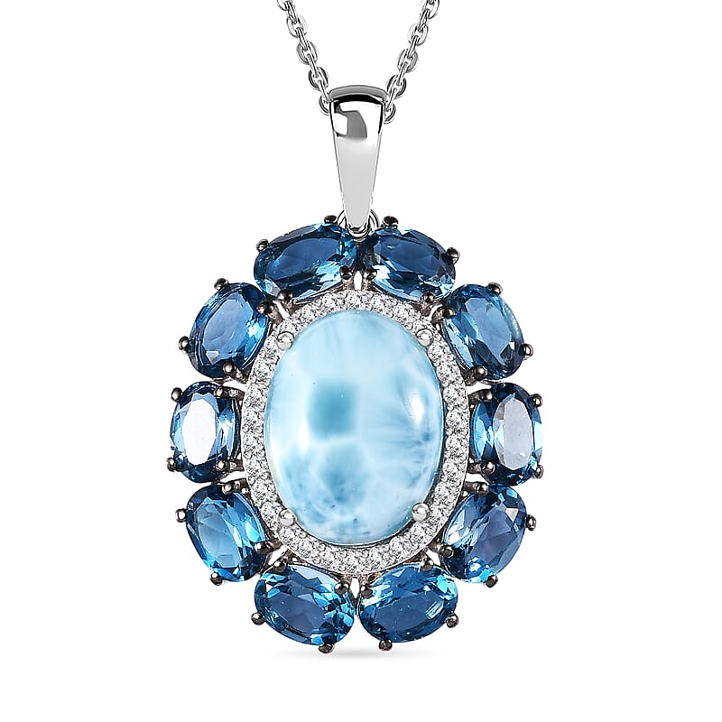 D'Joy AAA Larimar and Multi Gemstone 20.85 ctw Ocean Light Halo Pendant Necklace in Rhodium Over Sterling Silver 20 Inches