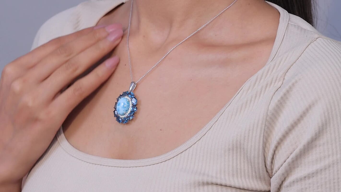D'Joy AAA Larimar and Multi Gemstone 20.85 ctw Ocean Light Halo Pendant Necklace in Rhodium Over Sterling Silver 20 Inches