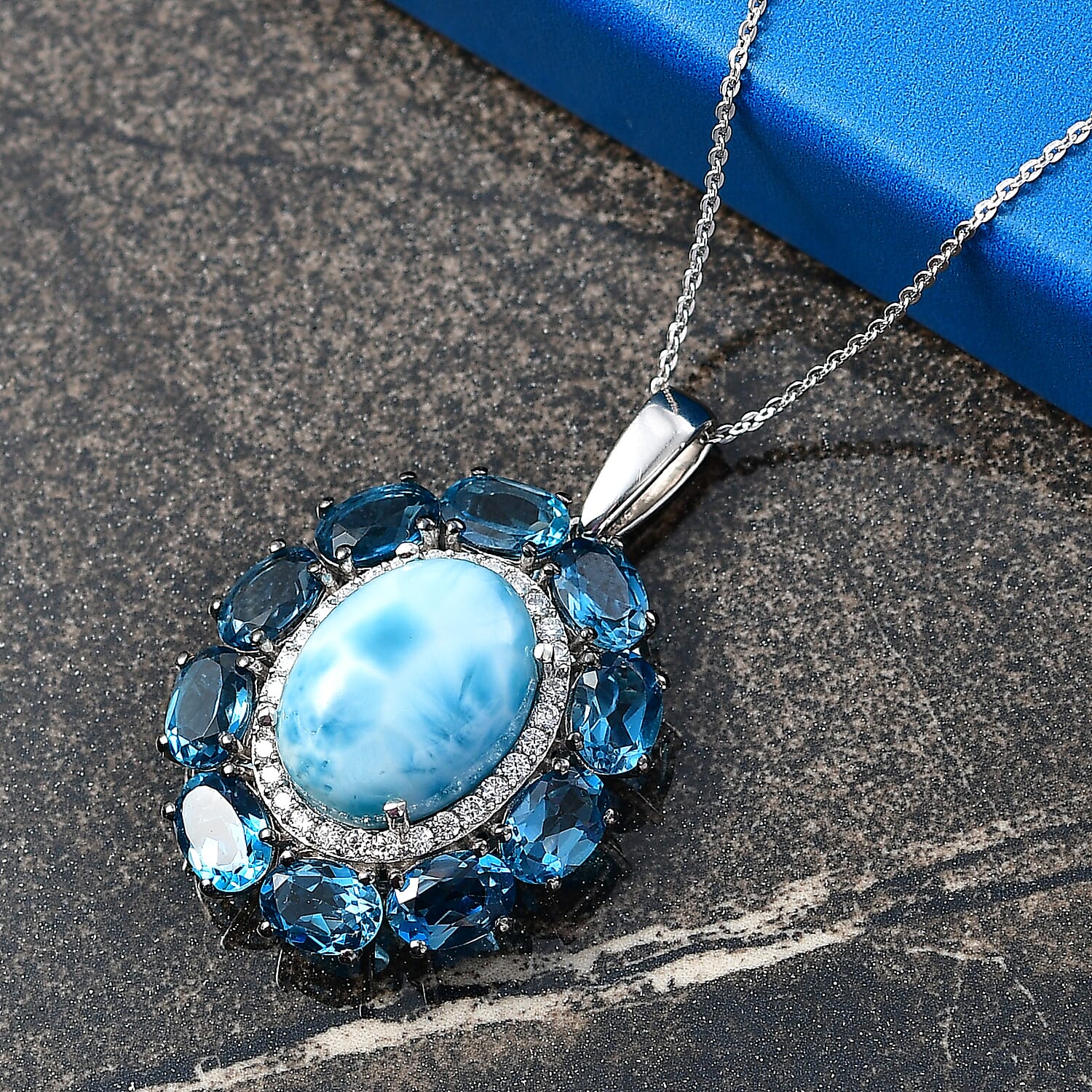 D'Joy AAA Larimar and Multi Gemstone 20.85 ctw Ocean Light Halo Pendant Necklace in Rhodium Over Sterling Silver 20 Inches