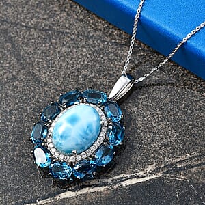 D'Joy AAA Larimar and Multi Gemstone 20.85 ctw Ocean Light Halo Pendant Necklace in Rhodium Over Sterling Silver 20 Inches